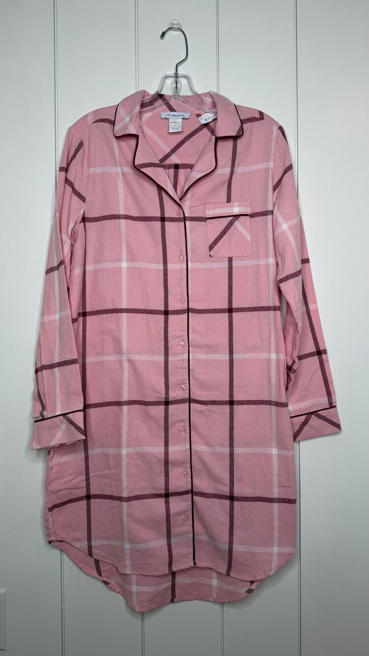 Liz Claiborne Pink Plaid Flannel Nightshirt Women’s Small Button Front Cotton